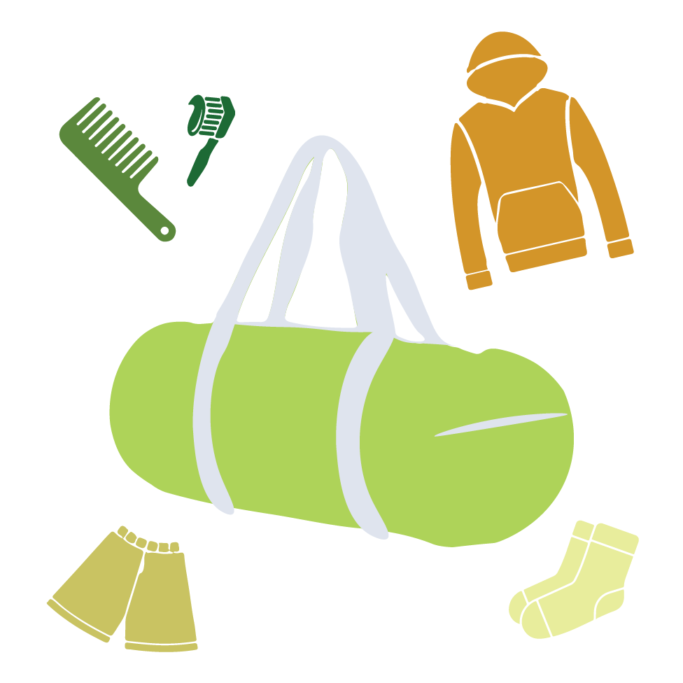 duffle bag, clothing, and toiletries